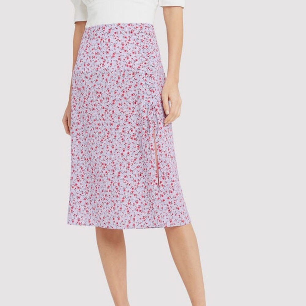 Intermix Gwen Printed Purple Women 8โ Silk Blend Midi Lightweight Floral Skirt